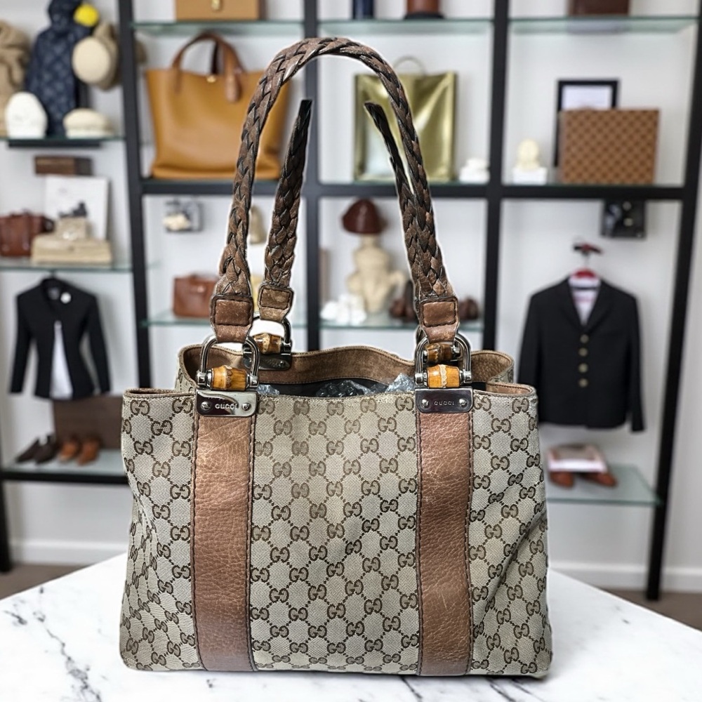 Gucci ✨Beige and Brown Monogram Medium Bamboo Bar Tote Bordeaux